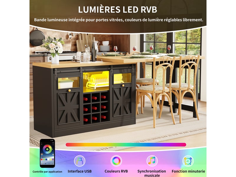  Îlot de cuisine extensible 120–197x40x72 cm avec plateau pivotante 360°, casier à bouteilles, rgb led et portes vitrées, noir  - Conforama E