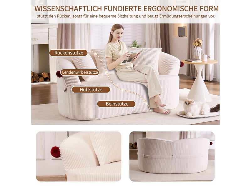  Canapé 2 places design arrondi, tissu velours côtelé, dossier courbé avec pompons, 3 coussins inclus, blanc OMNIGLINT TRADING LTD - Conforama E