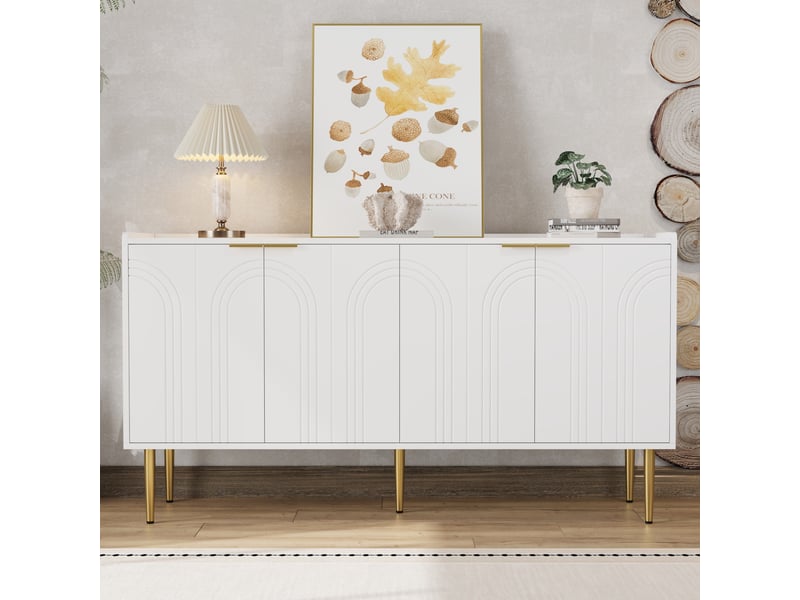  Buffet et enfilade avec 4 portes, étagères réglables et pieds dorés en métal pour salon en mdf blanc 140×38×75 cm  - Conforama B