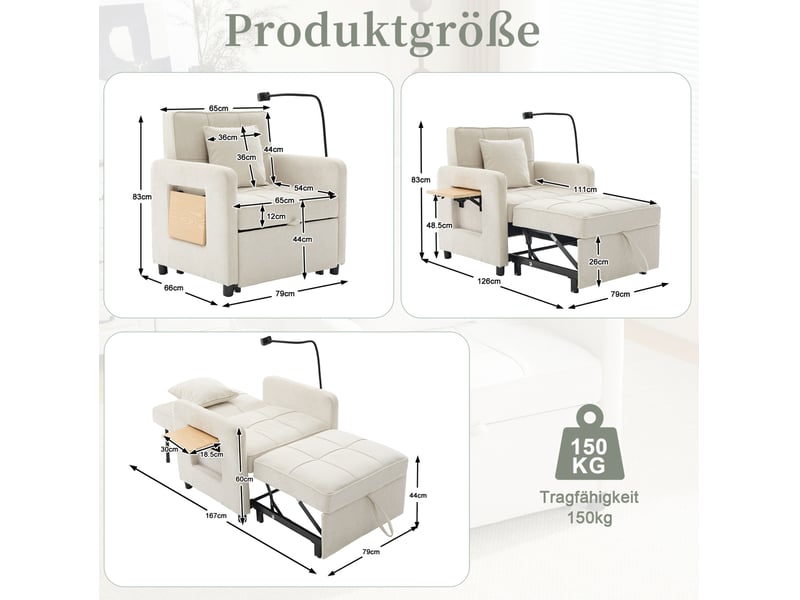  Fauteuil convertible deux en un avec dossier réglable, rangements, plateau et coussin en chenille beige  - Conforama D
