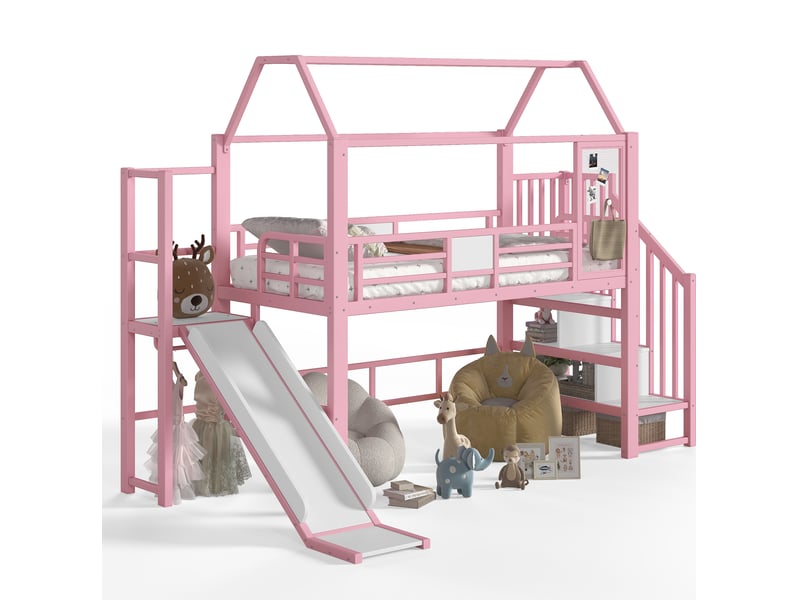  Lit mezzanine avec toboggan, led bluetooth en mdf et métal rose  - Conforama A