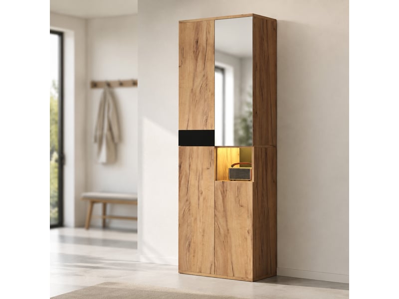  Armoire avec miroir, 4 portes, niche ouverte et 12 compartiments pour entrée noir et naturel 65 × 35 × 190 cm  - Conforama D