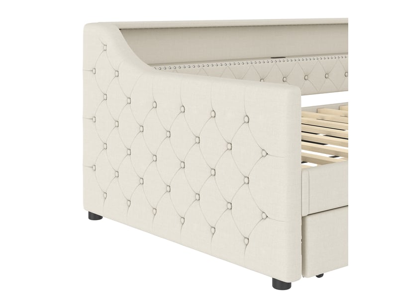  Lit de jour 90x200 cm lit banquette en lin beige avec lit gigogne extensible led et usb  - Conforama R