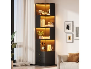 Bibliothèque d'angle 45x43,5x180 cm, led pilotée par application, 2 tiroirs, meuble salon et bureau, entrée, mdf, noir