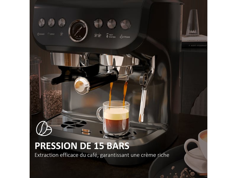  Machine à expresso 1600w avec moulin à grains, buse vapeur, pompe italienne 15 bars, réservoir d'eau 2 l, noir  - Conforama R