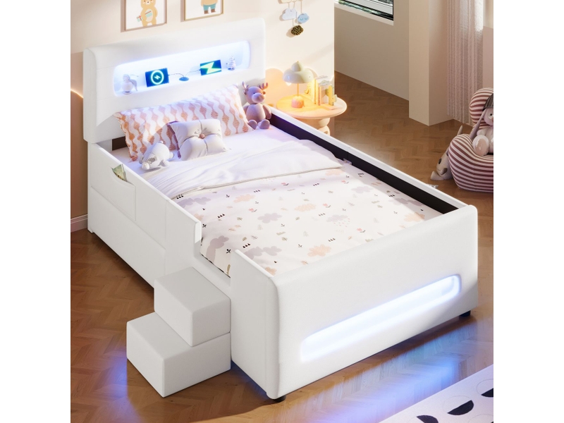  Lit rembourré 90 x 200 cm escalier intégré tiroirs de rangement éclairage led ports usb poches de rangement blanc  - Conforama B