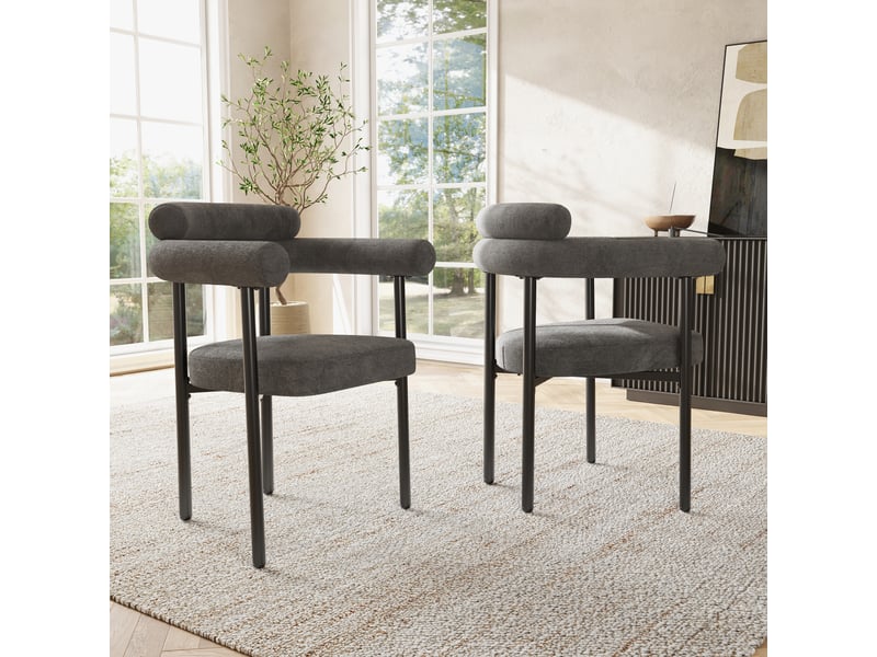  Fauteuil de salle à manger ergonomique à dossier incurvé  - pieds en métal tissu effet daim gris foncé  - Conforama C