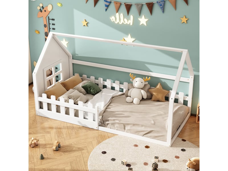  Lit cabane 90 x 200 cm - lit simple bas avec barrières - pin + mdf - sans matelas - blanc  - Conforama B