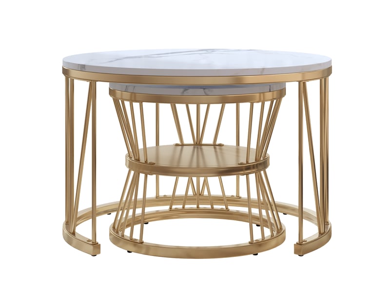  Lot de 2 tables gigognes rondes  ø70 et ø45cm, motif marbré, meuble, rangement, support en forme de v, mdf, blanc  - Conforama E