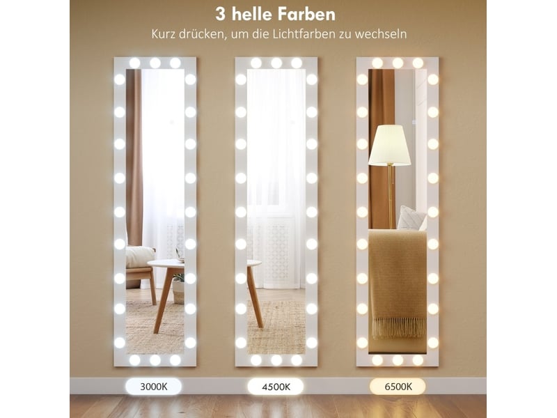  Miroir simple avec 24 ampoules, éclairage réglable à 3 teintes et mémoire en verre trempé blanc 150 × 40 cm  - Conforama D