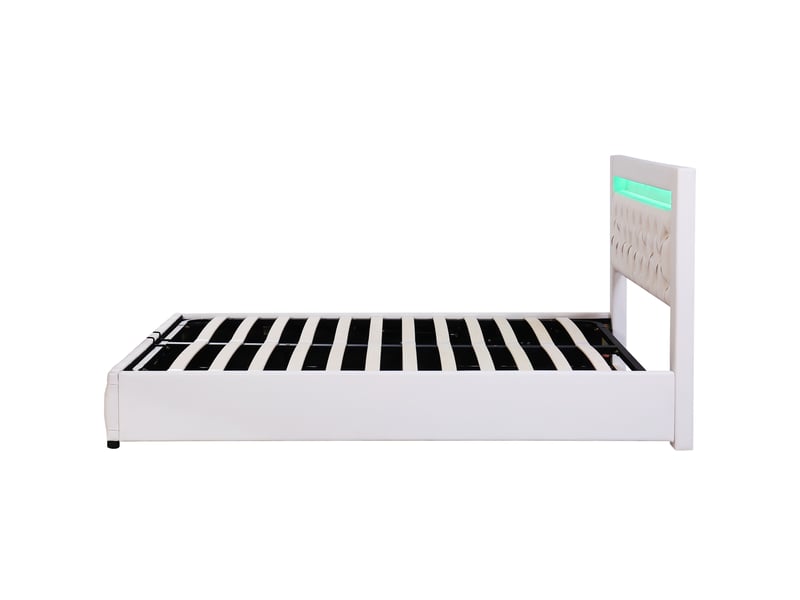 Lit rembourré 140x190 avec coffre de rangement hydraulique, lit double led blanc en pu, sommier à lattes inclus, charge 220kg  - Conforama W
