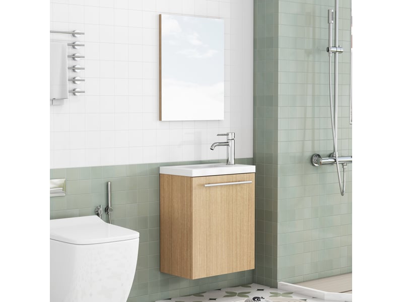  Meuble sous vasque mural avec miroir, porte amortie et vasque en céramique, chêne, salle de bain 40 × 25 × 48 cm  - Conforama B