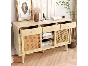 Buffet bas enfilade 120x40x78cm rangement optimisé | style bohème effet chêne et cannage | charge 70kg montage facile - bois clair