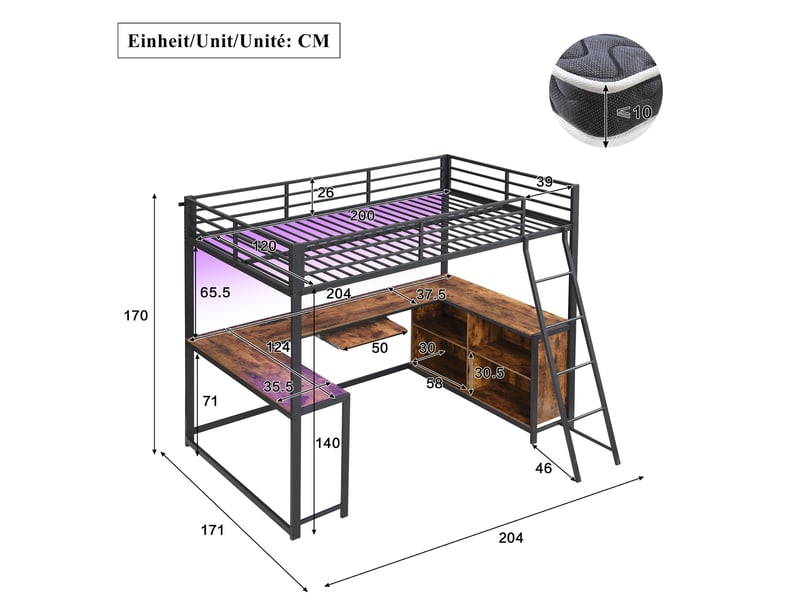  Lit mezzanine 120 x 200 cm - avec prise de courant et lumière led - avec bureau , plateau pour clavier et espace de rangement - noir (matelas non inclus)  - Conforama C