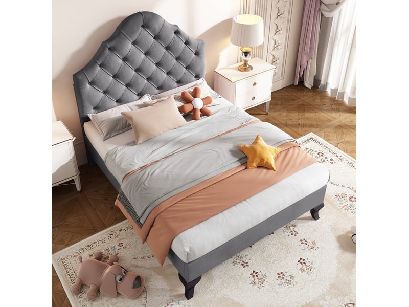  Lit simple 90x200 cm en velours gris avec tête de lit réglable et sommier à lattes  - Conforama B
