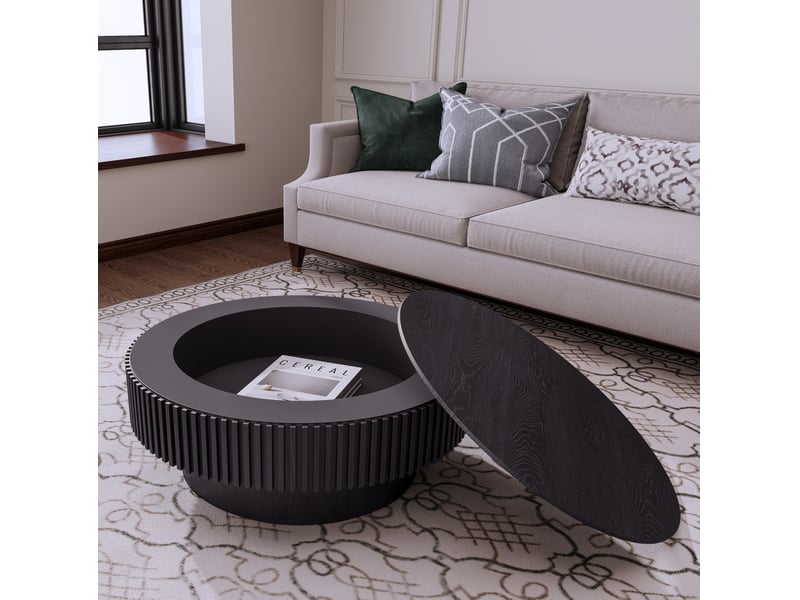  Table basse ronde avec rangement – mdf plaqué bois – noire – ø 75 x h 35 cm  - Conforama C