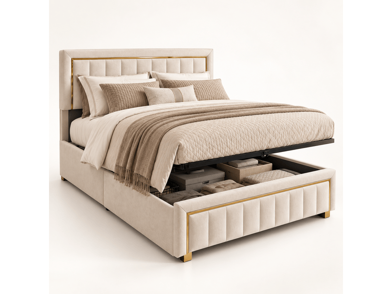 Lit coffre adulte 140x190 cm - lit rembourré double avec sommier à lattes et espace de rangement hydraulique - lit capitonné - cadre de lit 2 personnes - sommier à lattes et tete de lit rembourré - velours beige - sans matelas -… - Conforama A