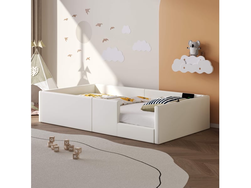Lit rembourré 90x200 blanc avec barrière de protection et station de charge - Conforama B