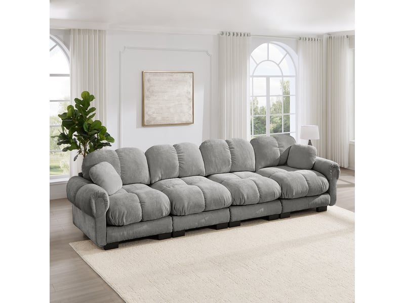  Canapé modulaire 4 places en tissu gris clair, accoudoirs élégants et coussins épais pour salon  - Conforama E