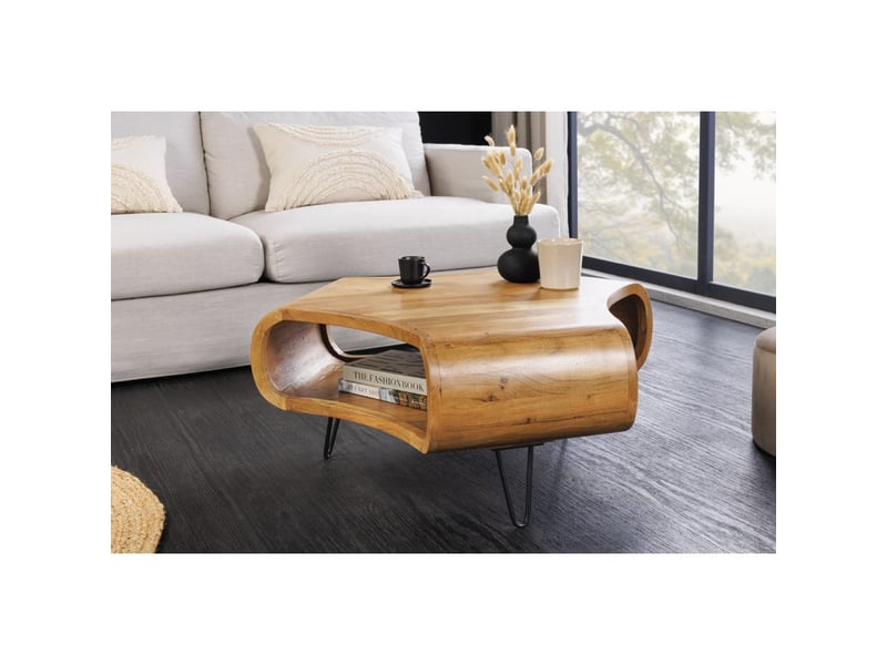 Table basse nera 90 cm en bois massif d'acacia avec niche et pieds métal noir – style rétro industriel - Conforama B