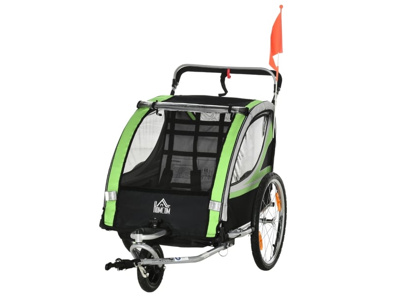  Remorque vélo enfant 2 places 142 x 75 x 101 cm verte polyester, fonction poussette et frein arrière  - Conforama A