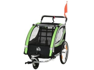 Remorque vélo enfant 2 places 142 x 75 x 101 cm verte polyester, fonction poussette et frein arrière