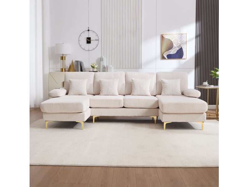 Canapé panoramique fixe 4 places en velours côtelé beige avec led et port usb-c, confort pour le salon - Conforama E