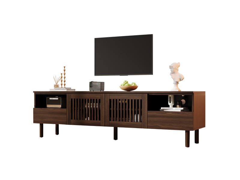  Meuble tv de salon 180x40x51 cm avec 2 portes à grille et 2 tiroirs de rangement, en mdf, teinte noyer, design simple  - Conforama A