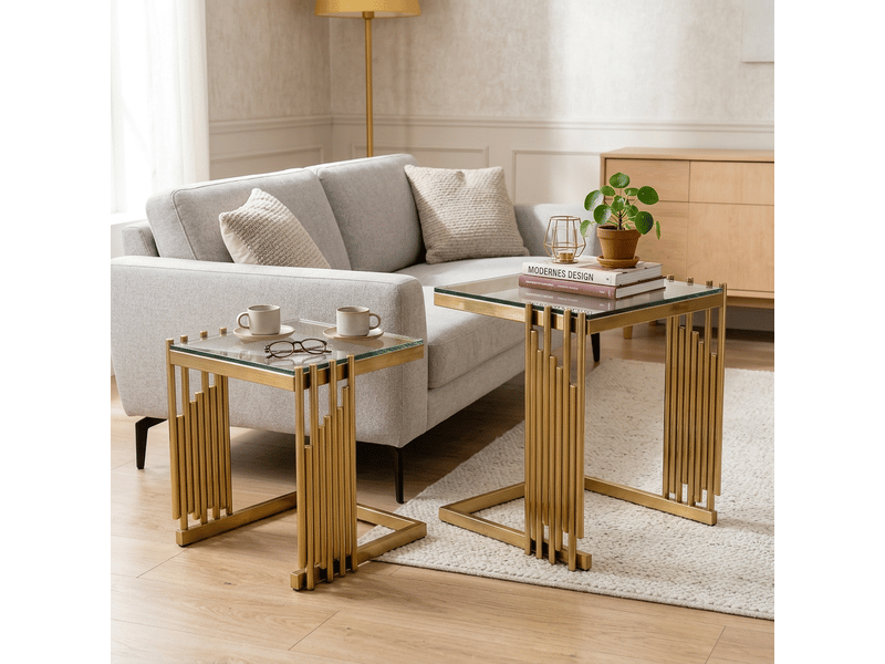  Lot de 2 tables d’appoint carrées – verre trempé transparent et acier inoxydable doré – 4132 cm  - Conforama C