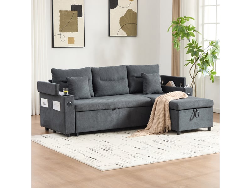  Canapé d'angle convertible ,3 places,avec espace de rangement, porte-gobelets et usb-c,en lin ,212,5x136x86 cm,gris  - Conforama D