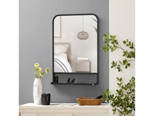 Miroir mural rectangulaire 50 x 70 cm noir en fer, avec tablette intégrée pour salon, entrée ou salle de bains