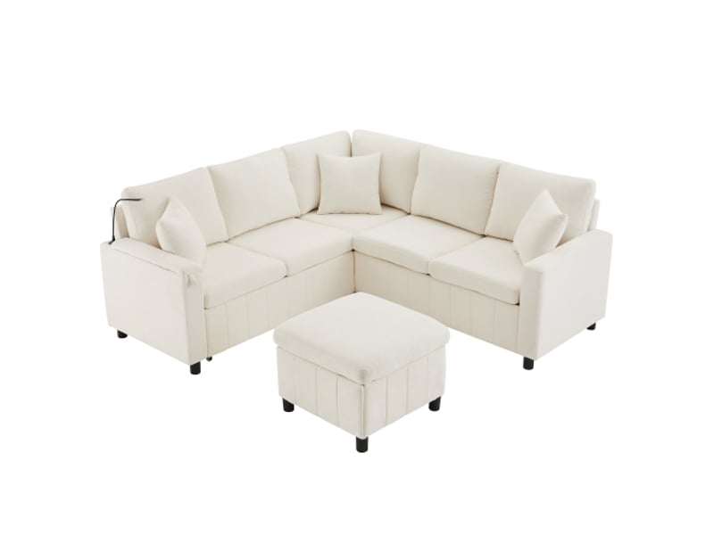  Canapé d'angle chenille beige 205x205x85 cm – couchage, ottomane, lampe, usb-c, table cachée et table basse extensible  - Conforama A