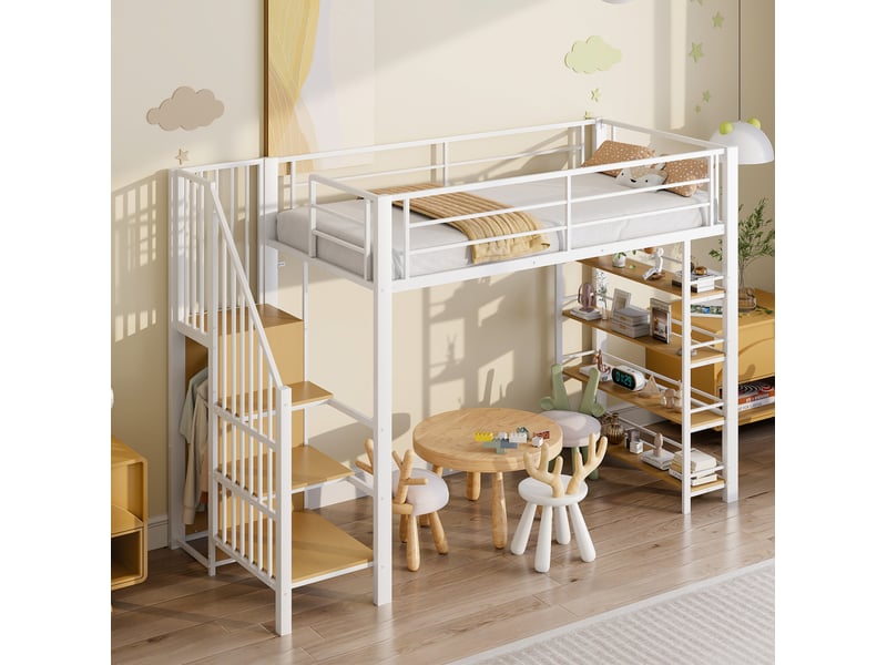  Modenvie lit mezzanine 90x200 cm - avec escalier de rangement, penderie et étageres - blanc  - Conforama E