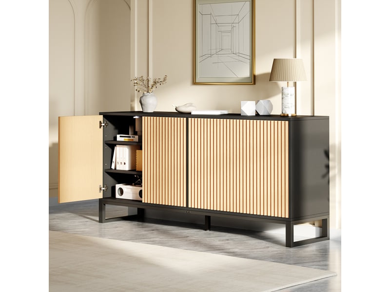  Sideboard noir 4 portes meuble de rangement buffet pb et mdf avec lignes verticales et hauteur surélevée  - Conforama D