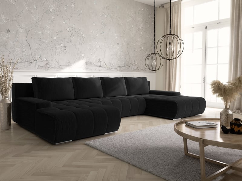  Canapé d'angle convertible velutti u velours côtelé poso noir, forme u avec coffre  - Conforama B