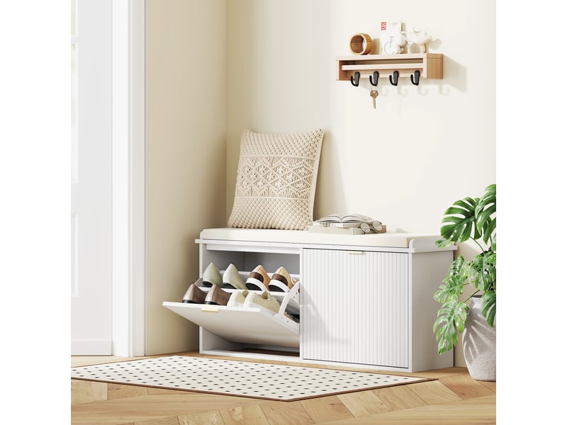  Banc à chaussures avec coussin d'assise rembourré et tiroir rabattable pour couloir, chambre, 104 x 26 x 47,5 cm, blanc  - Conforama C