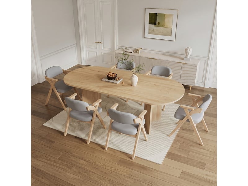  Ensemble table et chaises 6-8 pers, table extensible 160/200x90cm chêne, coins arrondis, 6 chaises pliantes bois massif/lin gris  - Conforama D