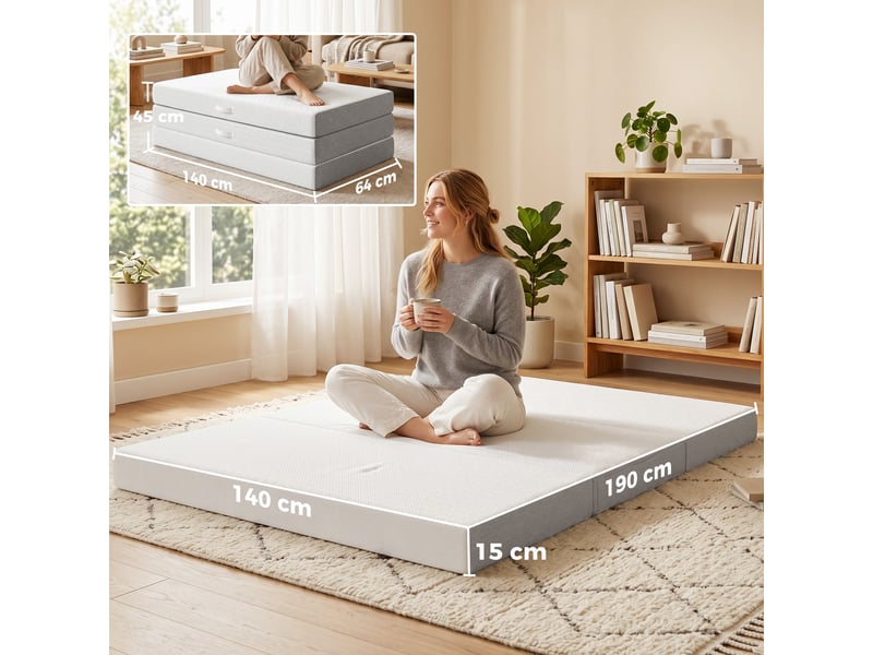  Matelas pliant en 3 parties, 140x190x15cm, blanc, matelas d'appoint en mousse à mémoire de forme au gel  - Conforama C