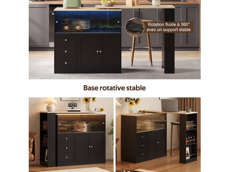  Îlot de cuisine plateau extensible avec 3 tiroirs et 4 portes 172x40x96 cm, roulettes verrouillables, pivotant en mdf c  - Conforama E