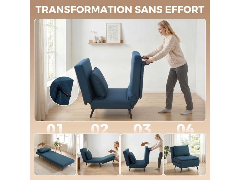  Fauteuil convertible 1 place en tissu aspect lin bleu 75x88x78 cm  - Conforama D