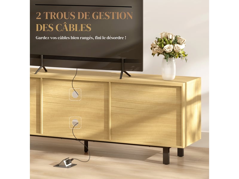  Meuble tv, meuble télé jusqu'à 65 pouces, 2 portes à ouverture par pression et 2 étagères, bois naturel, 160x35x55,5cm  - Conforama E