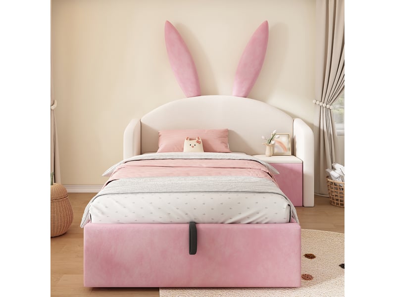  Lit enfant 90x190 cm avec rangement hydraulique, chevet réversible beige et rose  - Conforama E