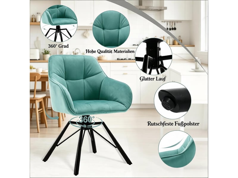  Lot de 2 chaises de salle à manger pivotantes,57x54x82,5 cm,velours,turquoise  - Conforama D
