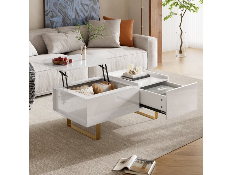  Table basse relevable avec 1 tiroir et 1 rangement caché, finition brillante, en mdf, blanc, 100 × 50 × 54,5 cm  - Conforama C