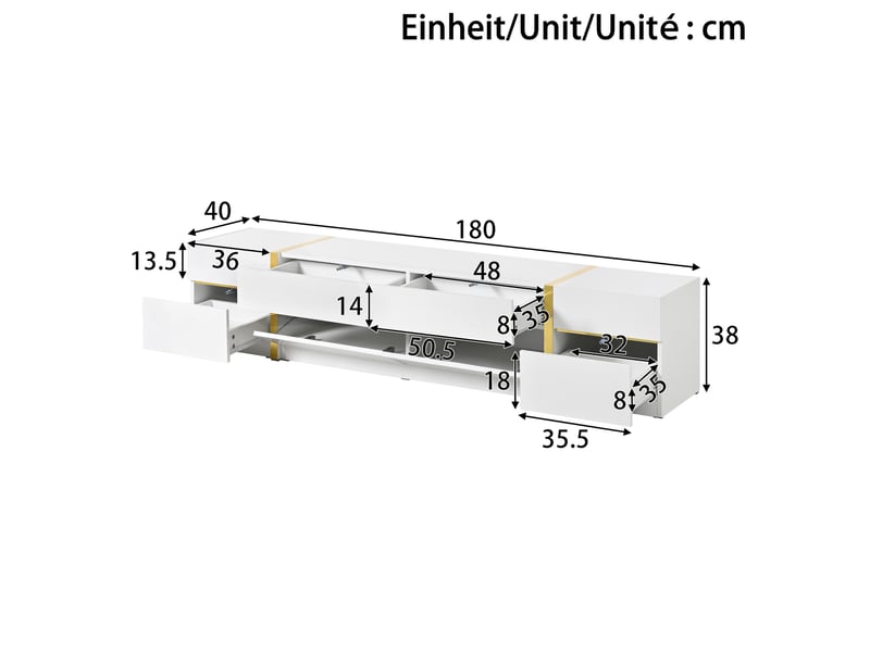 Meuble tv avec 4 tiroirs et 2 portes pour salon 180×40×38 cm en mdf et panneaux de particules blanc  - Conforama E