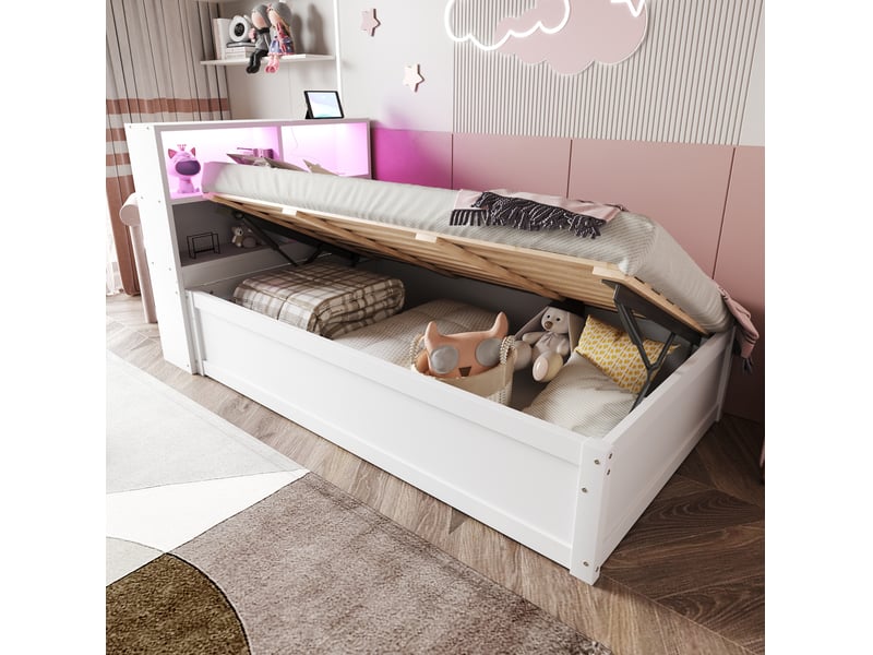  Lit multifonctionnel 90x200 cm, bois, prise, rangements et bande éclairage led, coloris blanc, sans matelas  - Conforama B