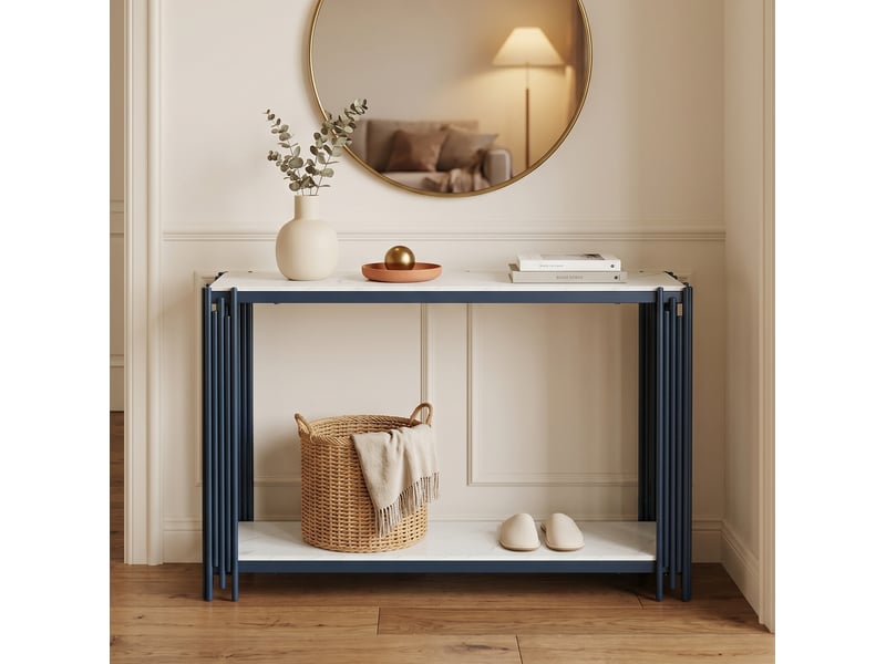  Console 123,5x33,5x80 cm à 2 niveaux effet marbre blanc et métal noir  - Conforama B