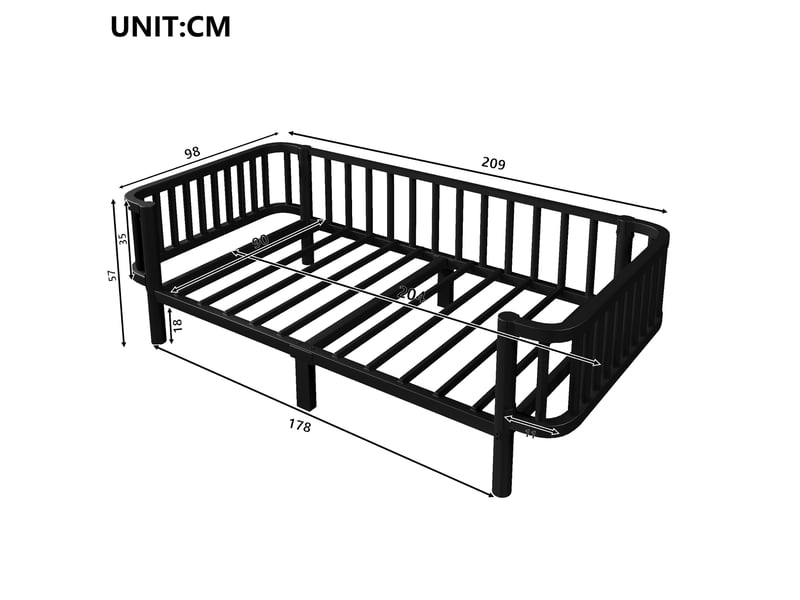 Lit banquette 90 × 200 cm et 140 × 200 cm en métal, avec support renforcé, sans matelas, noir - Conforama D