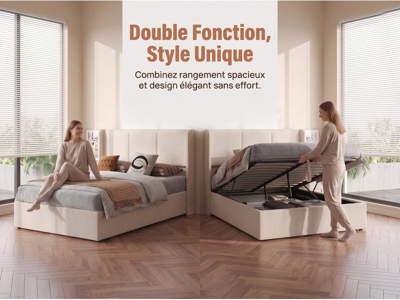  Lit 2 places 140×190 cm – lit coffre –  dossier capitonné - sommier à lattes – lin beige  - Conforama D