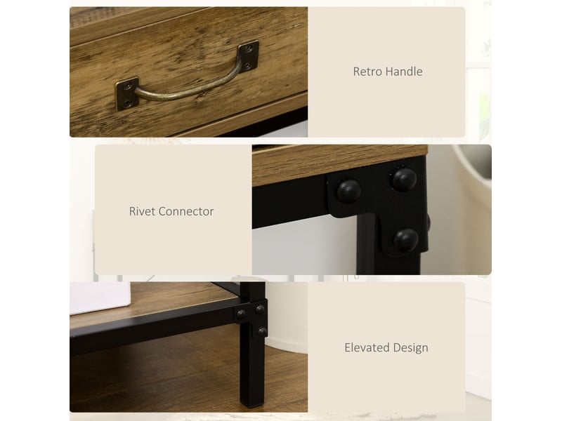  Table console industrielle 100x35x76,5 cm – marron et noir – 2 tiroirs et étagère basse  - Conforama E